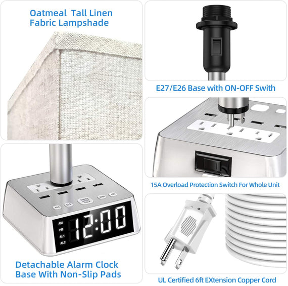 Table Lamp, 4 USB Ports &amp; AC Power Outlets, Alarm Clock